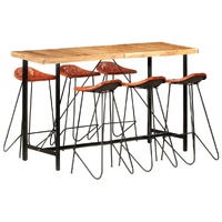 7 Piece Bar Set Solid Wood and Real Leather