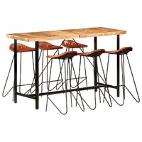 7 Piece Bar Set Solid Wood Acacia and Real Leather