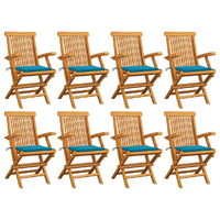 Garden Chairs with Blue Cushions 8 pcs Solid Teak Wood