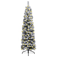 Slim Pre-lit Christmas Tree with Flocked Snow Green 180 cm PVC