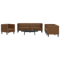 3 Piece Chesterfield Sofa Set Brown Faux Suede Leather