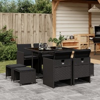 9 Piece Garden Dining Set with Cushions Black Poly Rattan