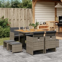 9 Piece Garden Dining Set with Cushions Grey Poly Rattan