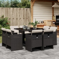 9 Piece Garden Dining Set with Cushions Black Poly Rattan