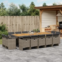 15 Piece Garden Dining Set with Cushions Grey Poly Rattan