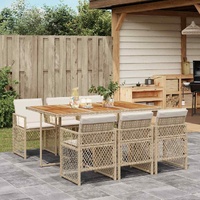 7 Piece Garden Dining Set with Cushions Beige Poly Rattan