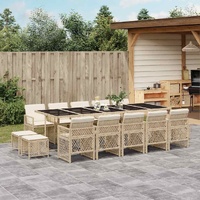 15 Piece Garden Dining Set with Cushions Beige Poly Rattan