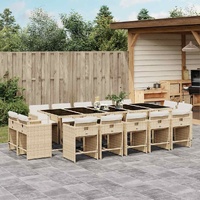 15 Piece Garden Dining Set with Cushions Beige Poly Rattan
