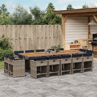 15 Piece Garden Dining Set with Cushions Grey Poly Rattan