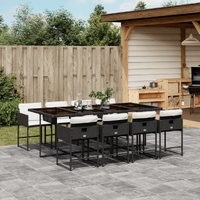 9 Piece Garden Dining Set with Cushions Black Poly Rattan