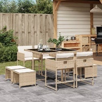 9 Piece Garden Dining Set with Cushions Beige Poly Rattan