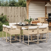 9 Piece Garden Dining Set with Cushions Beige Poly Rattan