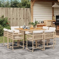 9 Piece Garden Dining Set with Cushions Beige Poly Rattan