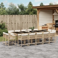 15 Piece Garden Dining Set with Cushions Beige Poly Rattan