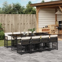 9 Piece Garden Dining Set with Cushions Black Poly Rattan