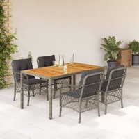 5 Piece Garden Dining Set with Cushions Grey Poly Rattan