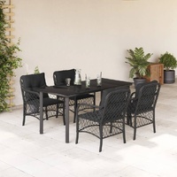 5 Piece Garden Dining Set with Cushions Black Poly Rattan