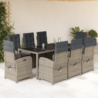 9 Piece Garden Dining Set with Cushions Grey Poly Rattan