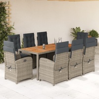 9 Piece Garden Dining Set with Cushions Grey Poly Rattan
