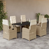 7 Piece Garden Dining Set with Cushions Beige Poly Rattan