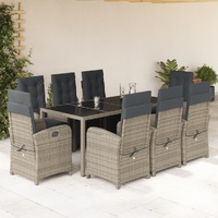 9 Piece Garden Dining Set with Cushions Grey Poly Rattan