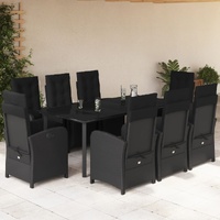 9 Piece Garden Dining Set with Cushions Black Poly Rattan