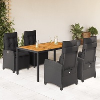 5 Piece Garden Dining Set with Cushions Black Poly Rattan
