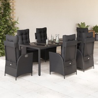 7 Piece Garden Dining Set with Cushions Black Poly Rattan