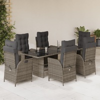 7 Piece Garden Dining Set with Cushions Grey Poly Rattan