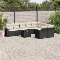 10 Piece Garden Sofa Set with Cushions Black Poly Rattan