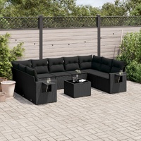 10 Piece Garden Sofa Set with Cushions Black Poly Rattan