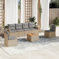 7 Piece Garden Sofa Set with Cushions Beige Poly Rattan