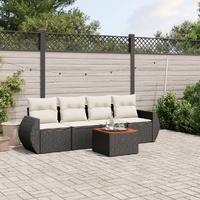 5 Piece Garden Sofa Set with Cushions Black Poly Rattan