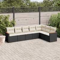 7 Piece Garden Sofa Set with Cushions Black Poly Rattan
