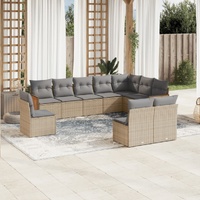 10 Piece Garden Sofa Set with Cushions Beige Poly Rattan