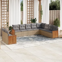 10 Piece Garden Sofa Set with Cushions Beige Poly Rattan