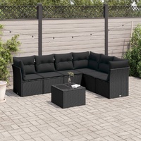 7 Piece Garden Sofa Set with Cushions Black Poly Rattan