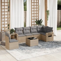7 Piece Garden Sofa Set with Cushions Beige Poly Rattan