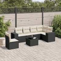 7 Piece Garden Sofa Set with Cushions Black Poly Rattan