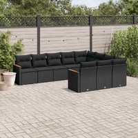 10 Piece Garden Sofa Set with Cushions Black Poly Rattan