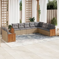 10 Piece Garden Sofa Set with Cushions Beige Poly Rattan