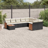 10 Piece Garden Sofa Set with Cushions Black Poly Rattan