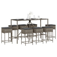9 Piece Garden Bar Set with Cushions Grey Poly Rattan