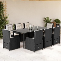 9 Piece Garden Dining Set with Cushions Black Poly Rattan