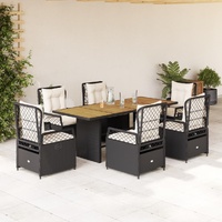 7 Piece Garden Dining Set with Cushions Black Poly Rattan
