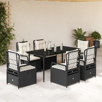 7 Piece Garden Dining Set with Cushions Black Poly Rattan