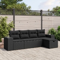 5 Piece Garden Sofa Set with Cushions Black Poly Rattan