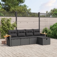 5 Piece Garden Sofa Set with Cushions Black Poly Rattan