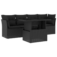 5 Piece Garden Sofa Set with Cushions Black Poly Rattan