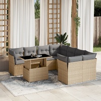 9 Piece Garden Sofa Set with Cushions Beige Poly Rattan
